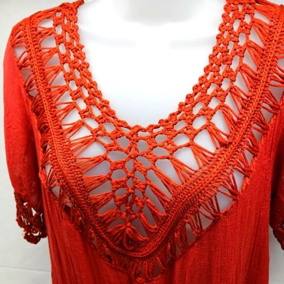 Vivid Gausy Macreme Tunic/ Beach Cover/ Blouse Women's XL. Cotton Blend. Red.... - Picture 6 of 11